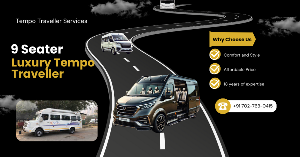 Spacious and comfortable 9-seater Tempo Traveller available for rent with AC, pushback seats, and professional driver.